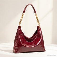 Glossy Vegan Leather Hobo Bag, Gold Chain Shoulder Purse with Detachable Strap