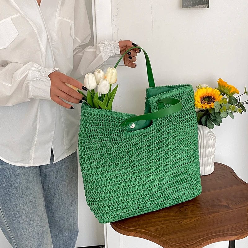 Green Straw Summer Bag for Women, Natural Summer Vacation Purse in Green, styled as a SheSelects summer accessory