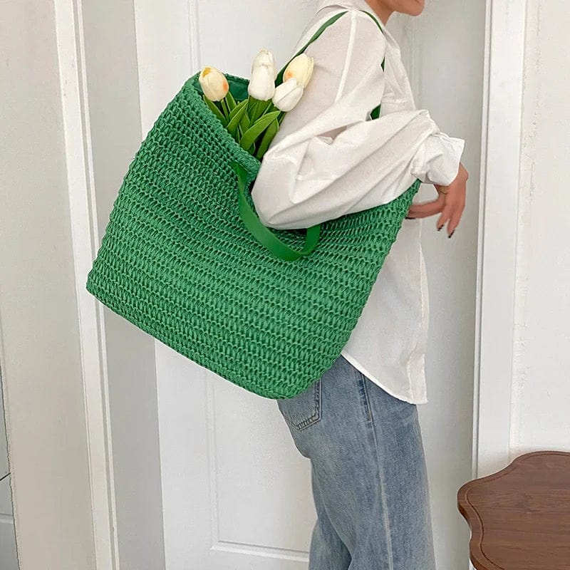 Green Straw Summer Bag for Women, Natural Summer Vacation Purse in Green, styled as a SheSelects summer accessory
