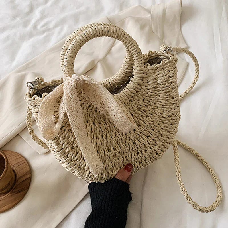 Straw Round Bag for Women, Boho Summer Crossbody Purse in Beige, styled as a SheSelects summer accessory