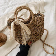 Straw Round Bag for Women, Boho Summer Crossbody Purse in Beige, styled as a SheSelects summer accessory