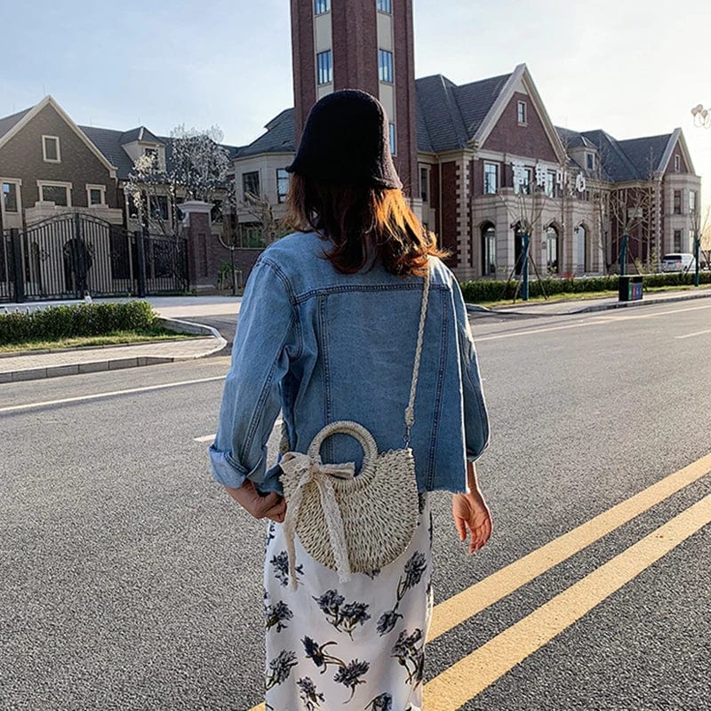 Straw Round Bag for Women, Boho Summer Crossbody Purse in Beige, styled as a SheSelects summer accessory