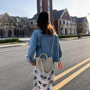 Straw Round Bag for Women, Boho Summer Crossbody Purse in Beige, styled as a SheSelects summer accessory