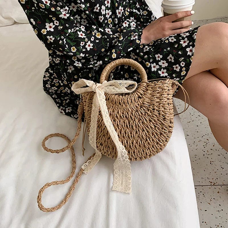 Straw Round Bag for Women, Boho Summer Crossbody Purse in Beige, styled as a SheSelects summer accessory
