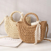 Straw Round Bag for Women, Boho Summer Crossbody Purse in Beige, styled as a SheSelects summer accessory