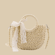 Straw Round Bag for Women, Boho Summer Crossbody Purse in Beige, styled as a SheSelects summer accessory