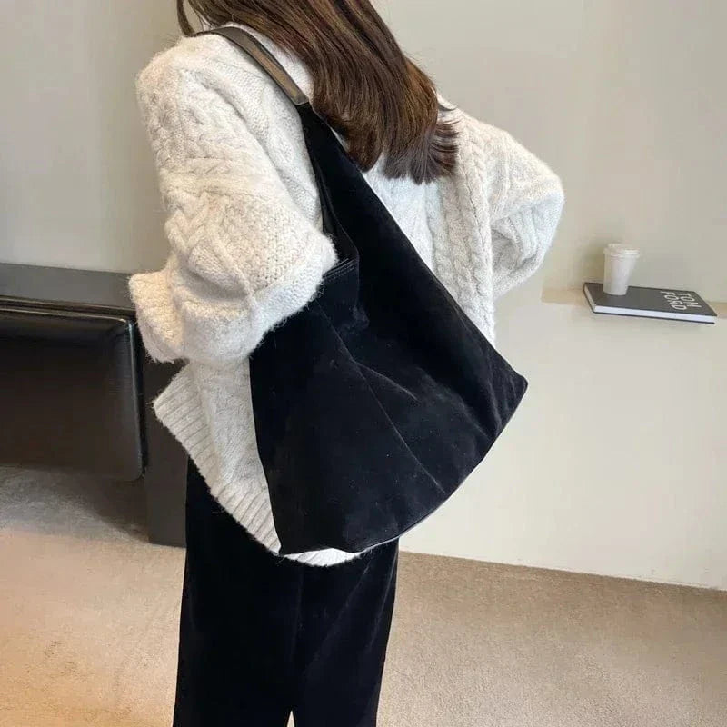 Suede Style Vegan Leather Hobo Bag for Women, Slouchy Everyday Shoulder Purse in Coffee, styled as a SheSelects summer accessory