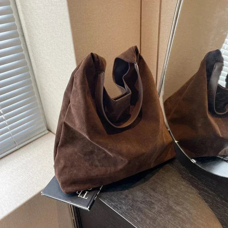Suede Style Vegan Leather Hobo Bag for Women, Slouchy Everyday Shoulder Purse in Coffee, styled as a SheSelects summer accessory