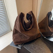 Suede Style Vegan Leather Hobo Bag for Women, Slouchy Everyday Shoulder Purse in Coffee, styled as a SheSelects summer accessory