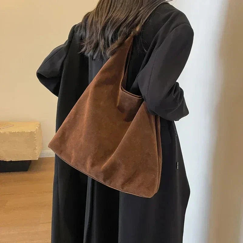 Suede Style Vegan Leather Hobo Bag for Women, Slouchy Everyday Shoulder Purse in Coffee, styled as a SheSelects summer accessory