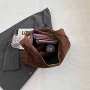 Suede Style Vegan Leather Hobo Bag for Women, Slouchy Everyday Shoulder Purse in Coffee, styled as a SheSelects summer accessory