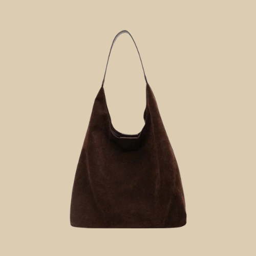 Suede Style Vegan Leather Hobo Bag for Women, Slouchy Everyday Shoulder Purse in Coffee, styled as a SheSelects summer accessory