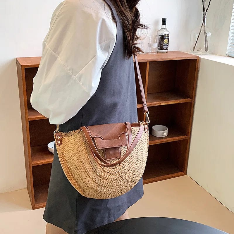 Large Straw Round Bag for Women, Boho Summer Crossbody Purse in Beige, styled as a SheSelects summer accessory