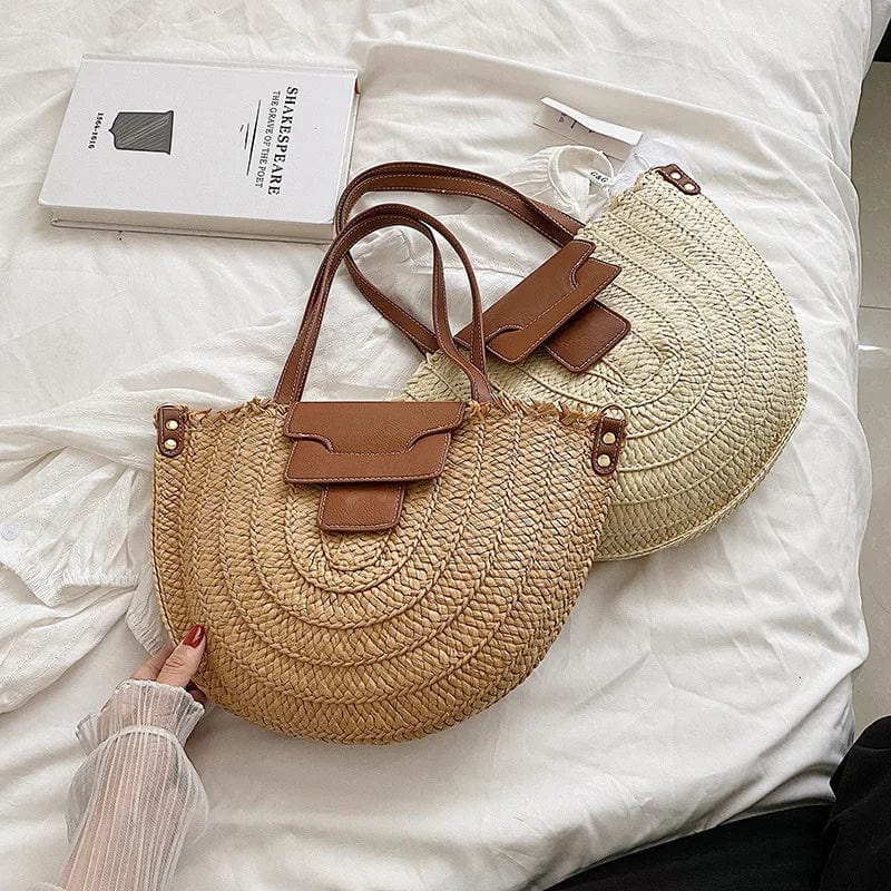 Large Straw Round Bag for Women, Boho Summer Crossbody Purse in Beige, styled as a SheSelects summer accessory