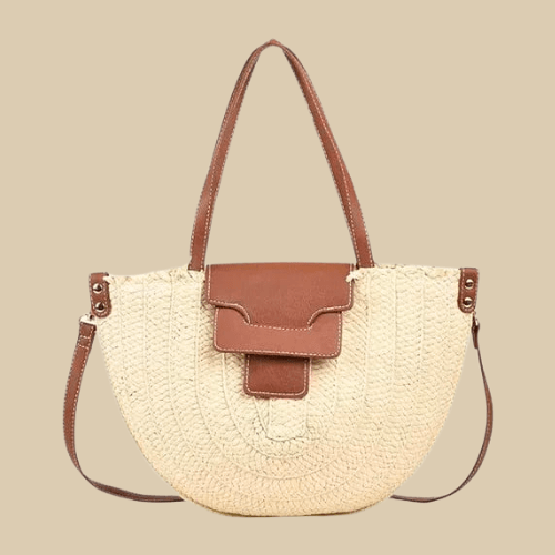 Large Straw Round Bag for Women, Boho Summer Crossbody Purse in Beige, styled as a SheSelects summer accessory