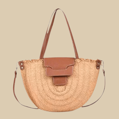 Large Straw Round Bag for Women, Boho Summer Crossbody Purse in Beige, styled as a SheSelects summer accessory