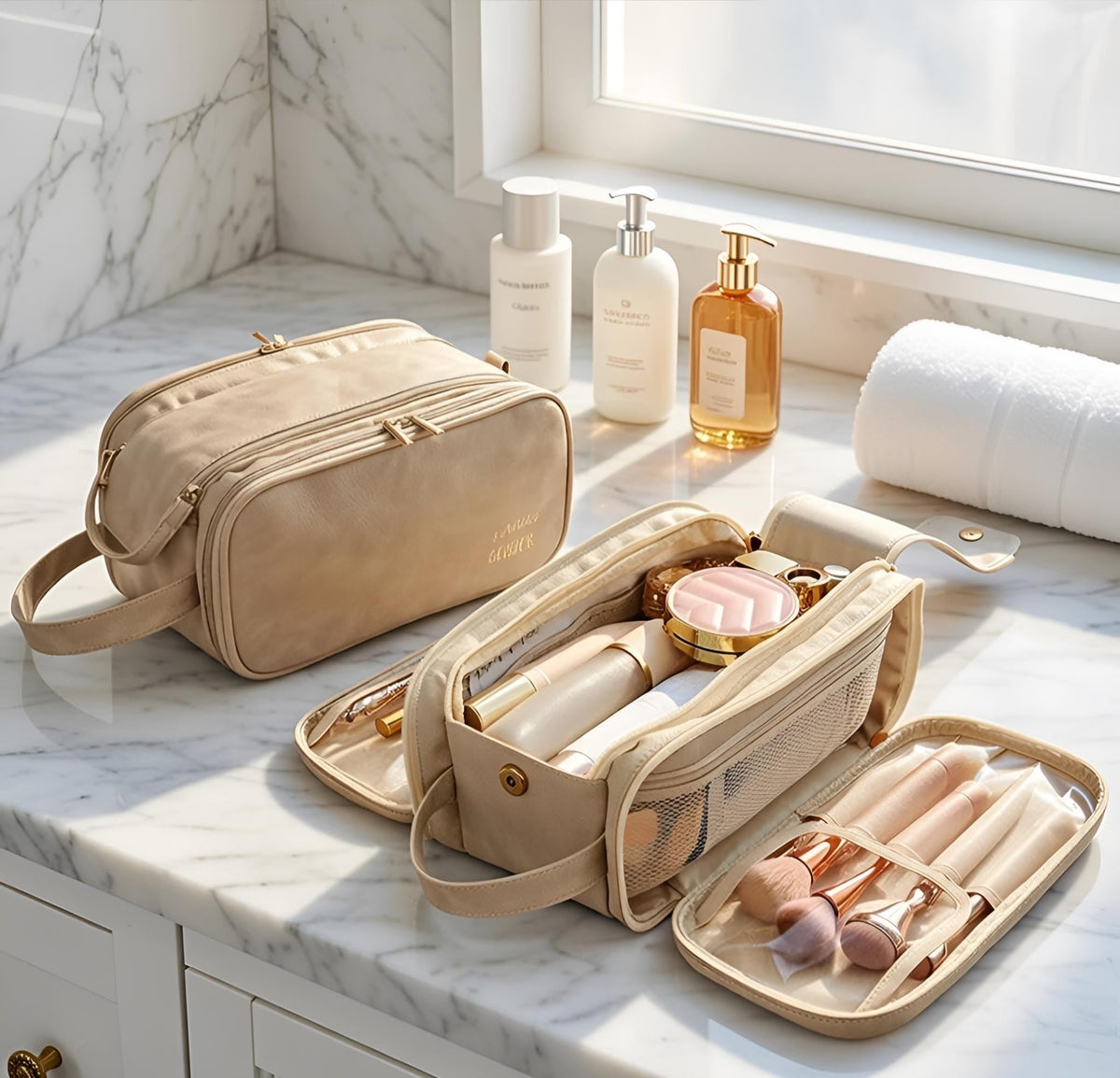 Large Vegan Leather Toiletry Bag, Waterproof Makeup Organizer, Travel Cosmetic Case, SheSelects Atelier summer style