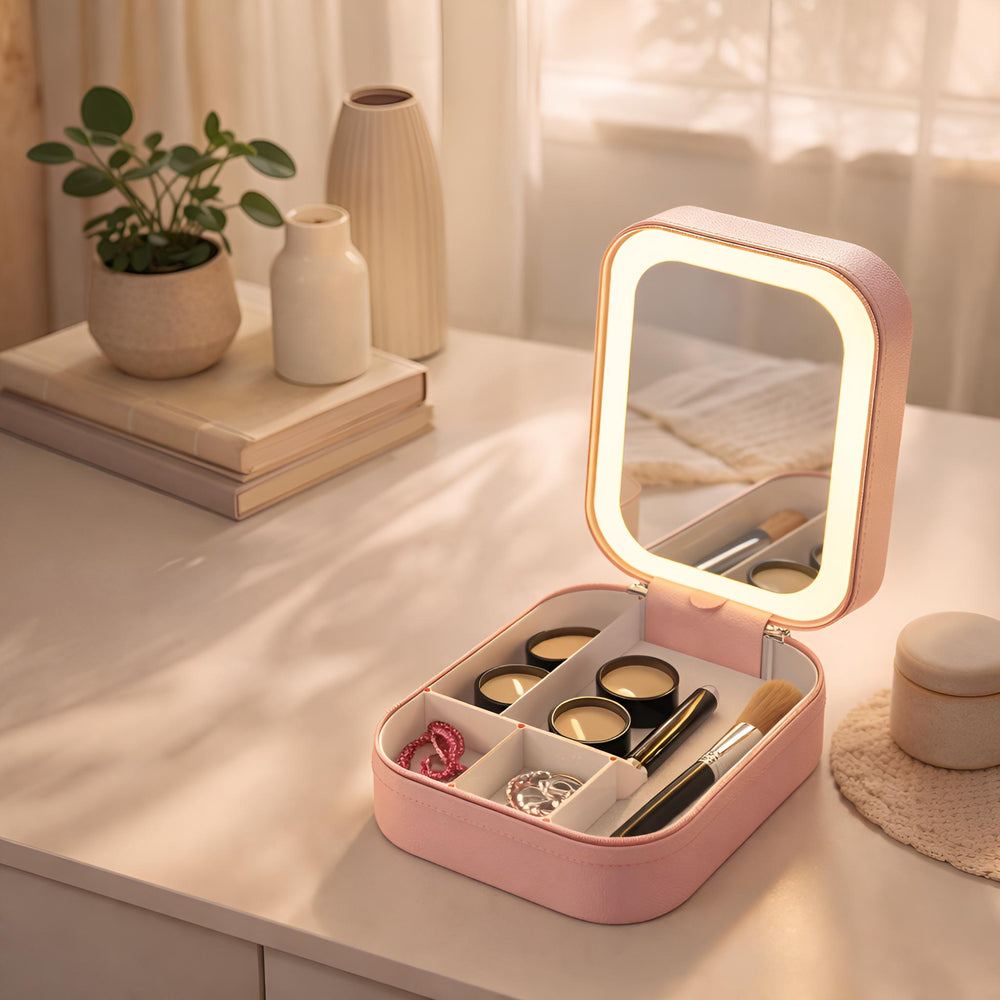 Pink LED Travel Makeup Bag for Women, Lighted Cosmetic Organizer