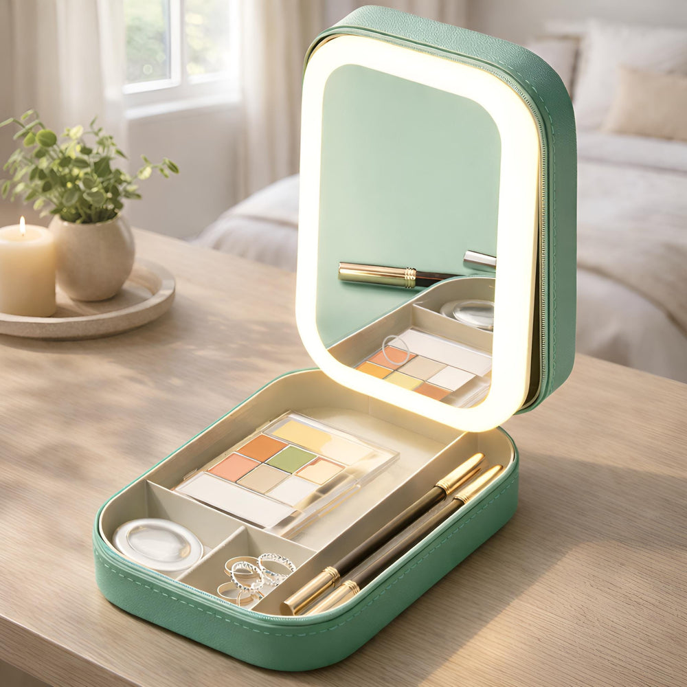 Grüne LED-Make-up-Tasche, beleuchteter Kosmetik-Organizer, wiederaufladbarer Schminkkoffer