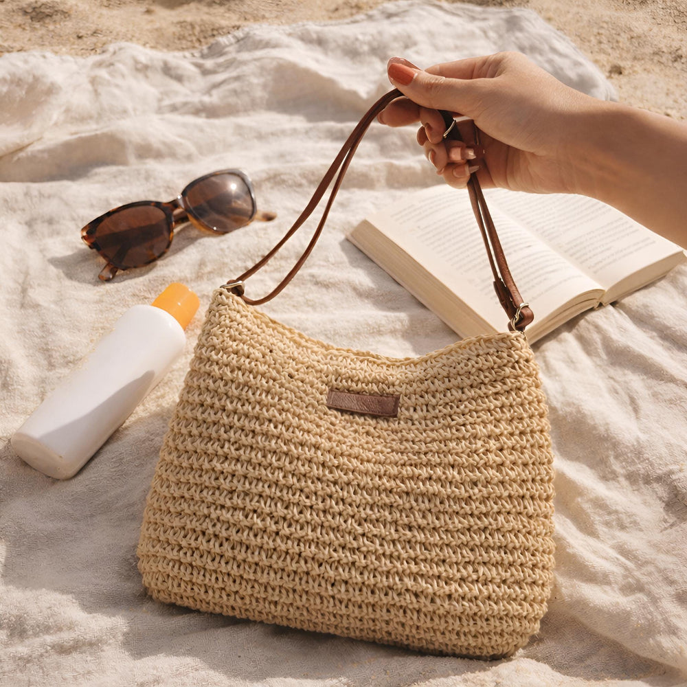Woven Straw Shoulder Bag for Women, Minimalist Boho Summer Tote, Resort Tote