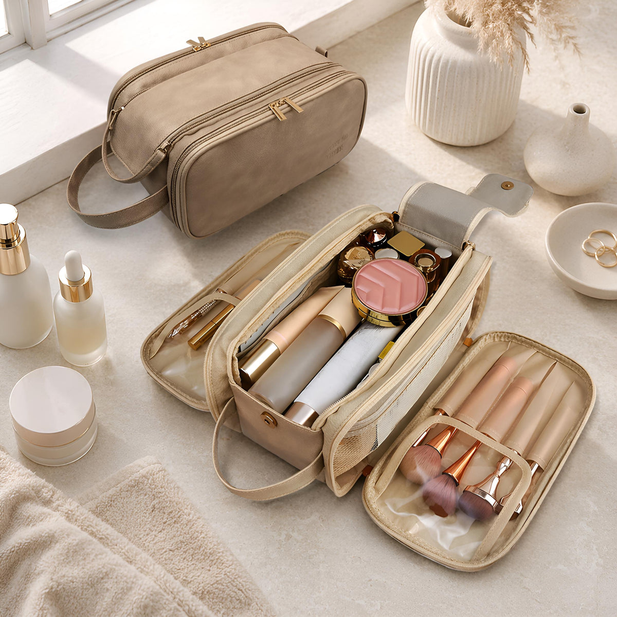 Large Makeup Bag, Waterproof Travel PU Leather Cosmetic Organizer, Dual Zipper Toiletry, SheSelects Atelier summer style