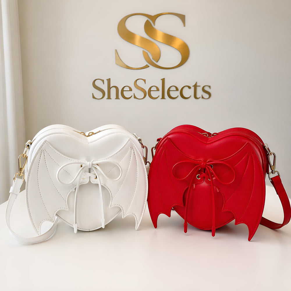 Red Heart Shaped Bat Wing Crossbody Bag for Women, Vegan Leather Shoulder Purse