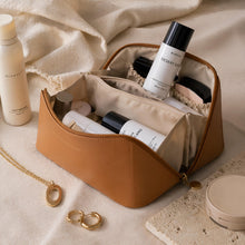 Brown Vegan Leather Makeup Bag for Women, Large Capacity Cosmetic Organizer, Waterproof Toiletry Pouch