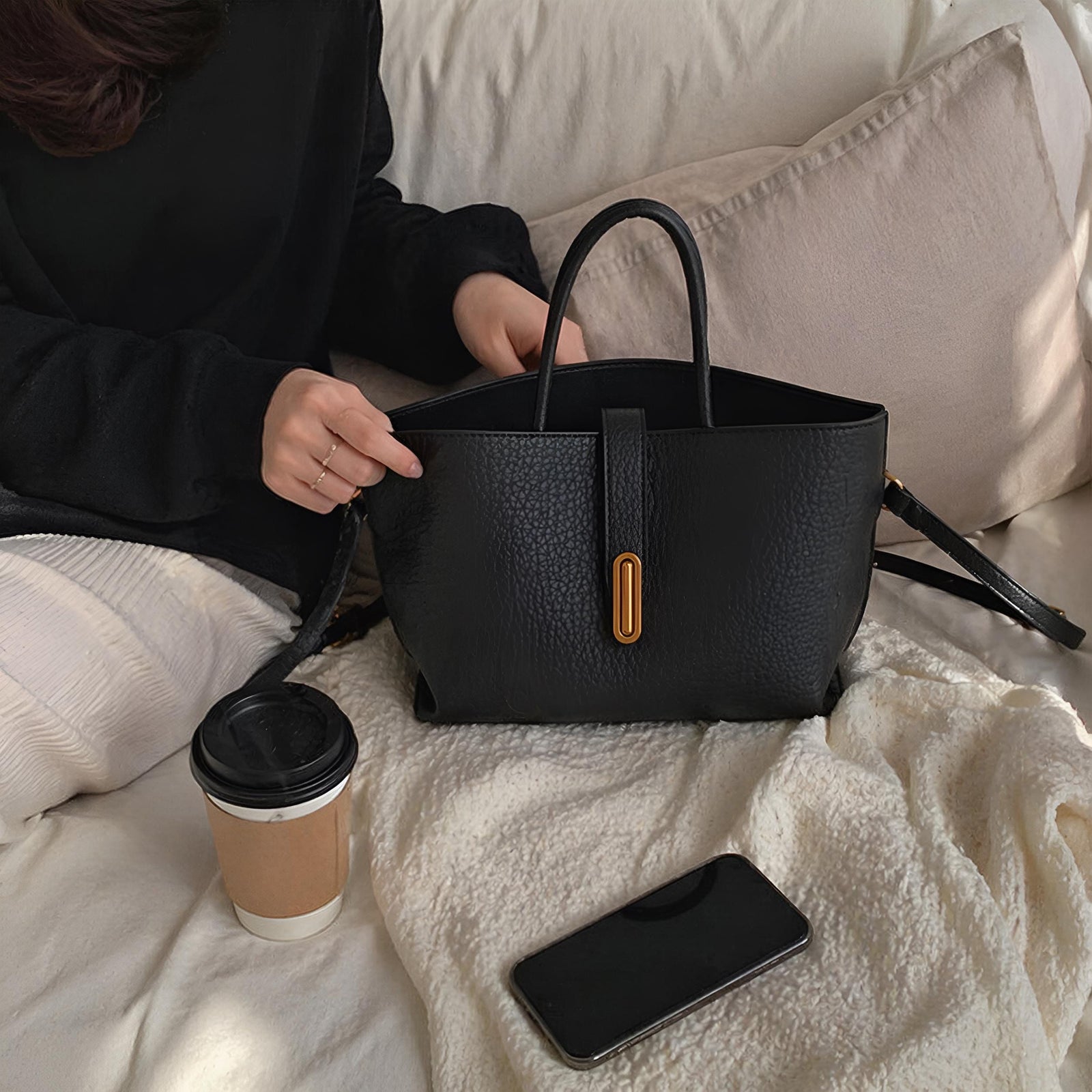 Vegan Leather Tote Bag, Minimalist Shoulder Handbag, High Capacity Zipper Purse, Resort Tote, SheSelects Atelier summer style