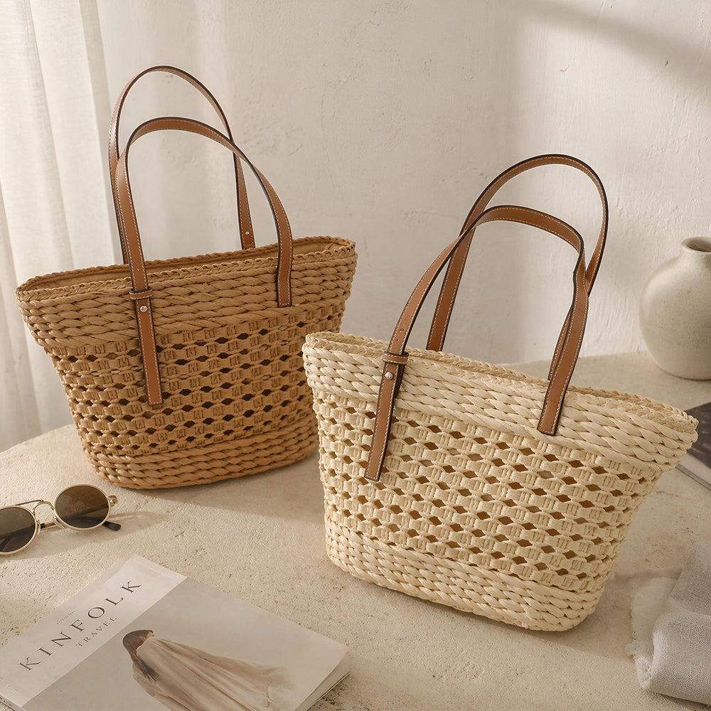 Woven Straw Tote Bag for Women, Large Capacity Beach Shoulder Bag with Leather Handles