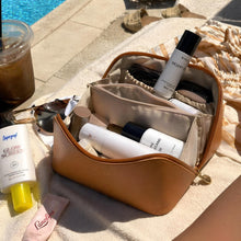 Brown Vegan Leather Makeup Bag for Women, Large Capacity Cosmetic Organizer, Waterproof Toiletry Pouch