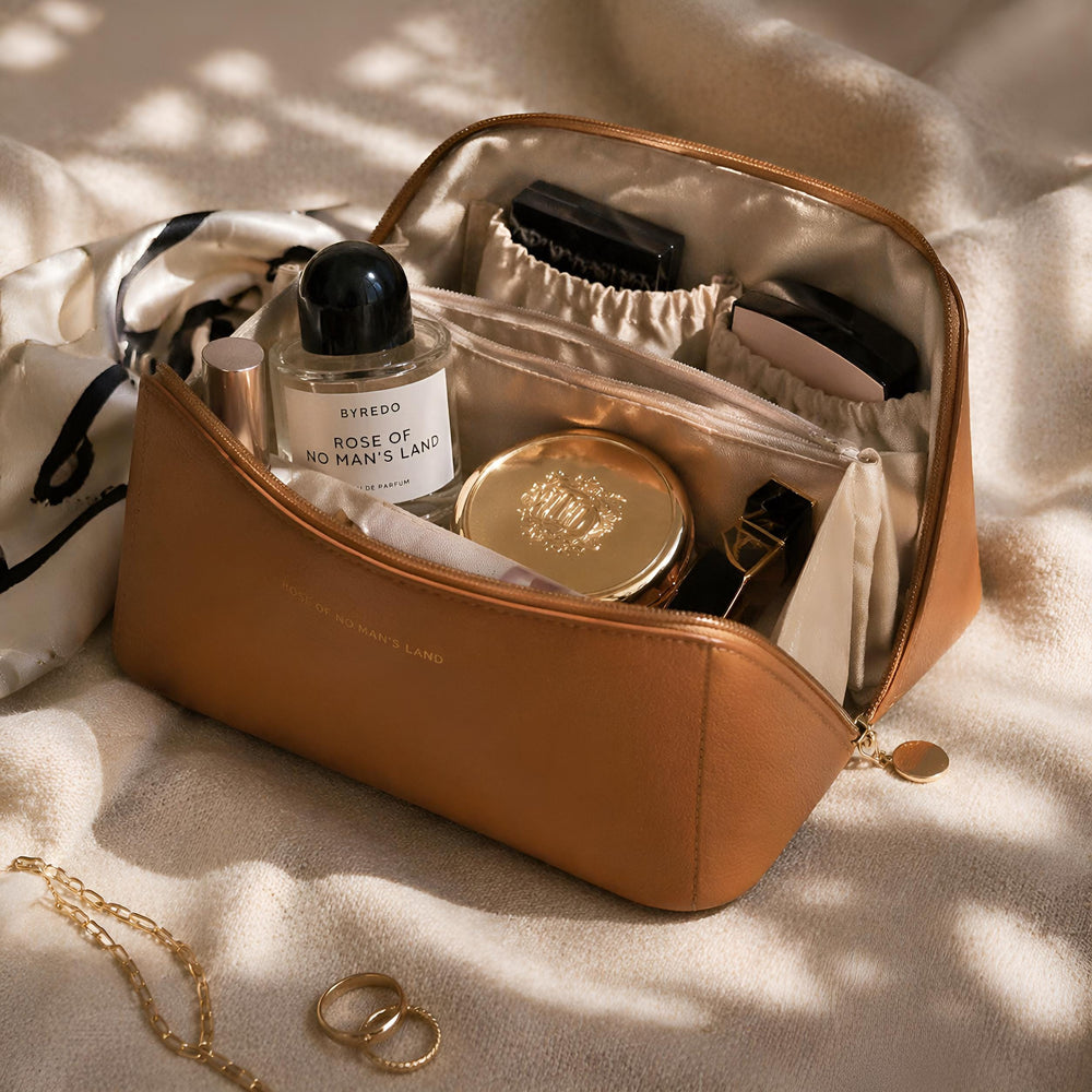 Braune Kosmetiktasche aus veganem Leder, Kosmetik-Organizer mit großer Kapazität, wasserdichte Kulturtasche