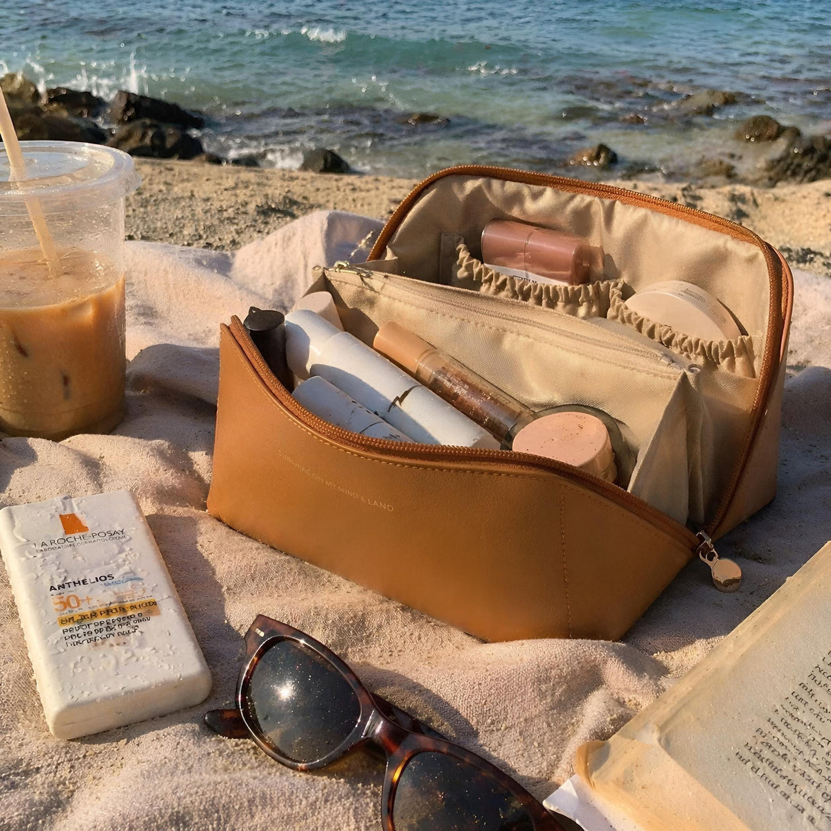 Brown Vegan Leather Makeup Bag, Large Capacity Cosmetic Organizer, Waterproof Toiletry Pouch, SheSelects Atelier summer style