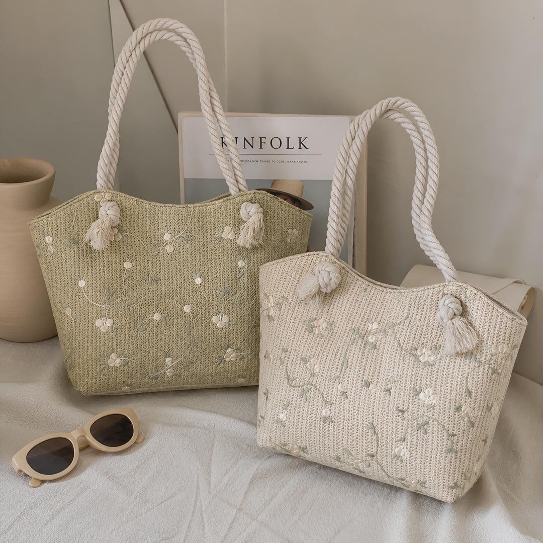 Embroidered Straw Shoulder Bag, Floral Summer Tote, Lightweight Beach Purse, Resort Tote, SheSelects Atelier summer style