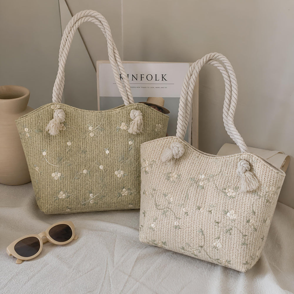 Embroidered Straw Shoulder Bag for Women, Floral Summer Tote, Lightweight Beach Purse