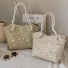 Bestickte Stroh-Einkaufstasche, gewebte Strand-Umhängetasche, Handtasche mit Blumenmuster