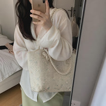 Bestickte Stroh-Einkaufstasche, gewebte Strand-Umhängetasche, Handtasche mit Blumenmuster