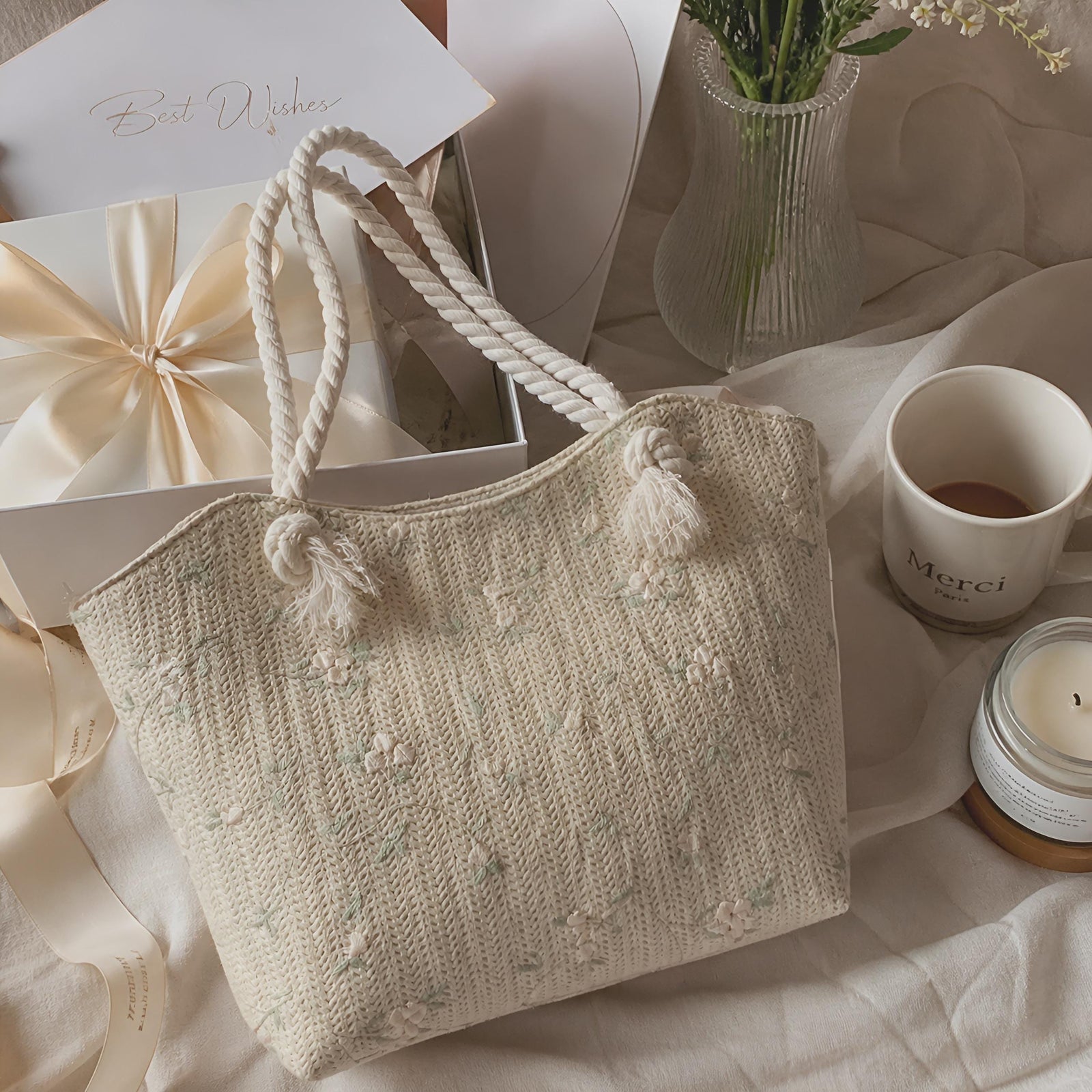 Embroidered Straw Tote Bag, Woven Shoulder Beach Purse, Floral Detail Handbag, SheSelects Atelier summer style