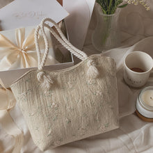 Bestickte Stroh-Einkaufstasche, gewebte Strand-Umhängetasche, Handtasche mit Blumenmuster