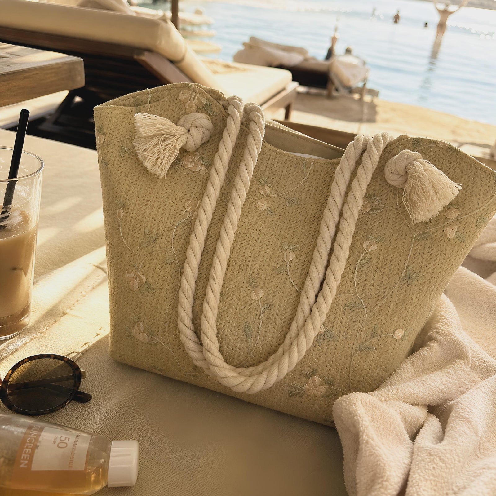 Embroidered Straw Tote Bag, Woven Shoulder Beach Purse, Floral Detail Handbag, SheSelects Atelier summer style