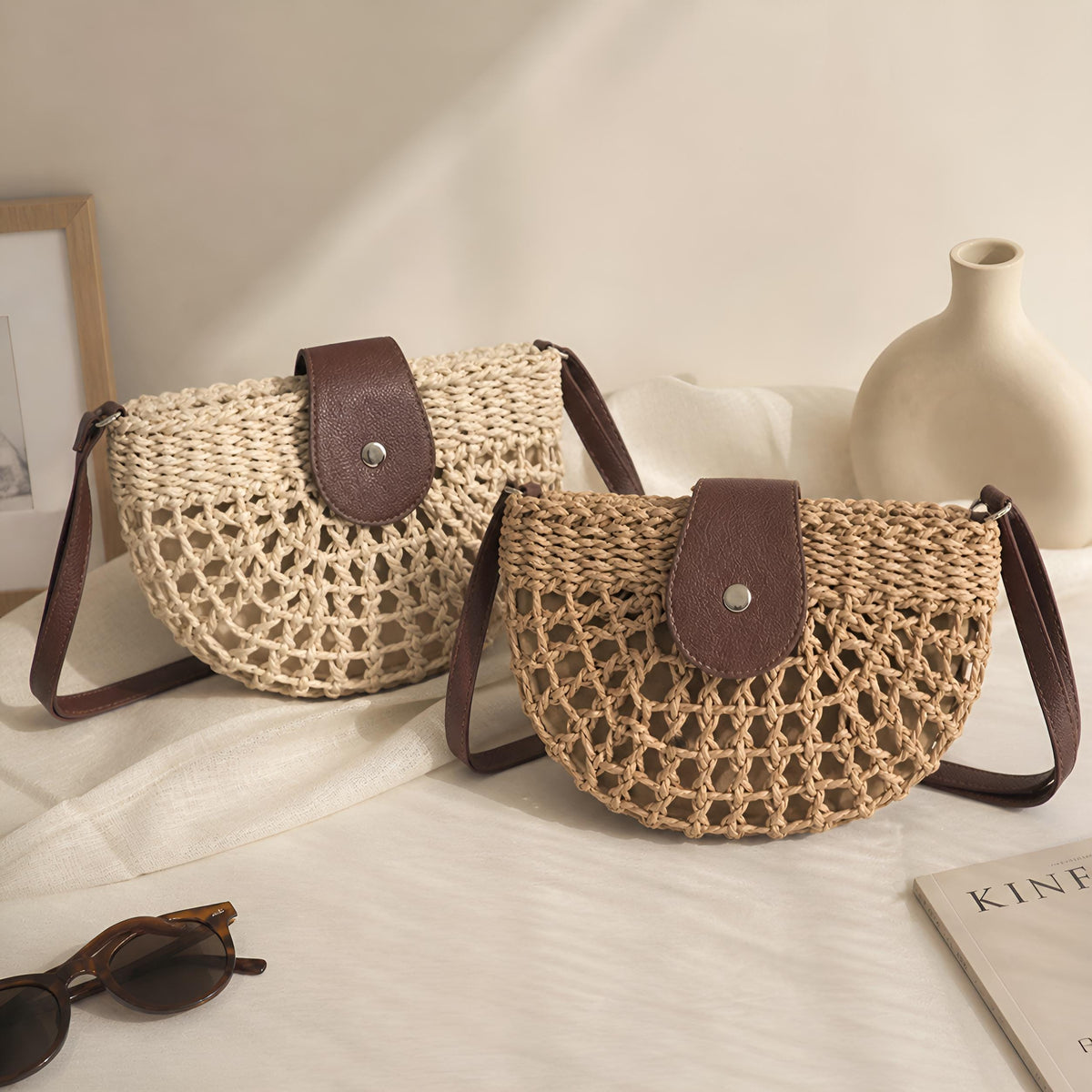 Woven Straw Crossbody Bag, Vegan Leather Flap Shoulder Purse, Summer Beach Handbag, SheSelects Atelier summer style