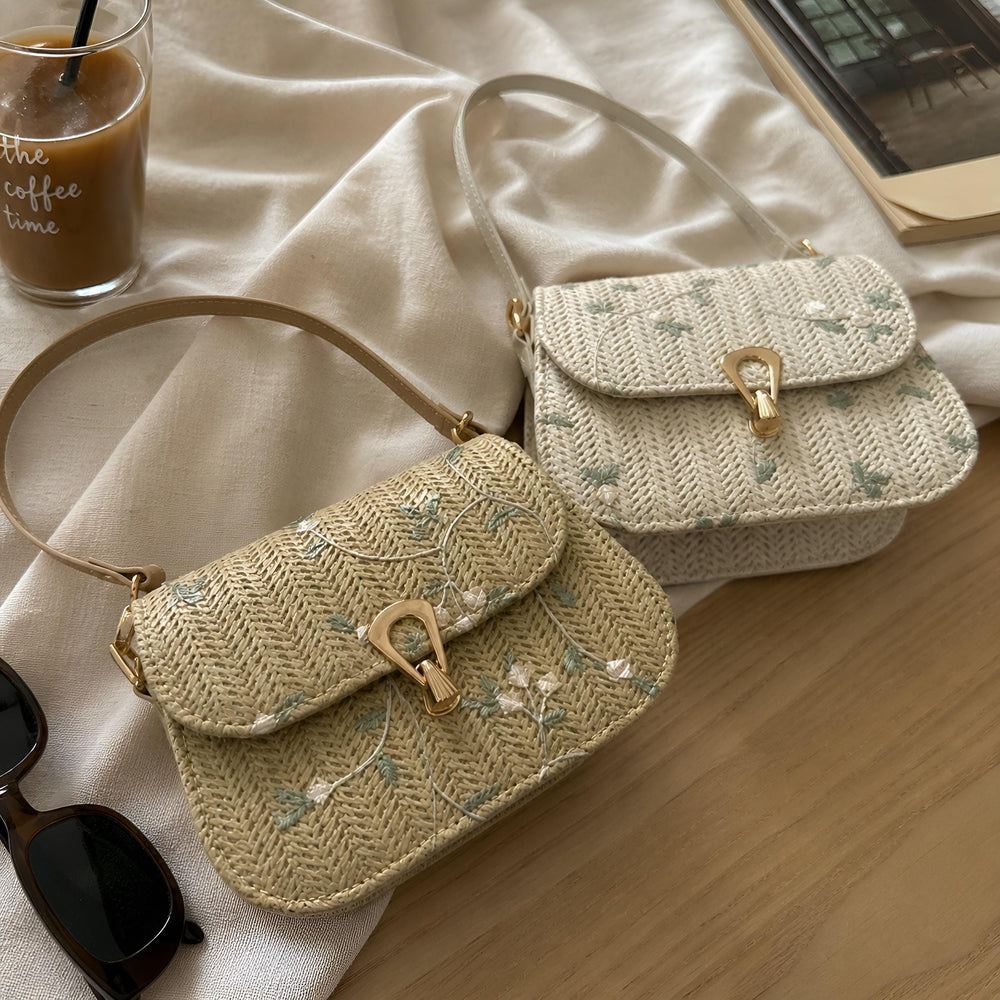 Straw Woven Floral Shoulder Bag for Women, Small Summer Crossbody Purse White Khaki