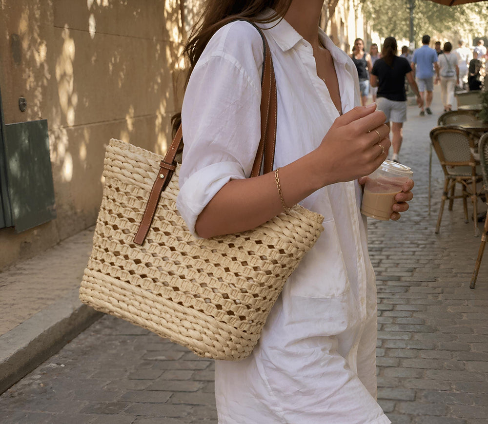 French Market Straw Tote, Large Woven Summer Shopper Bag for Women