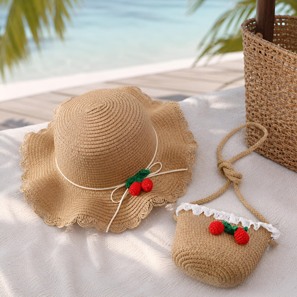 Girls Cherry Straw Hat and Bag Set, Summer Beach Sun Hat, SheSelects Atelier summer style