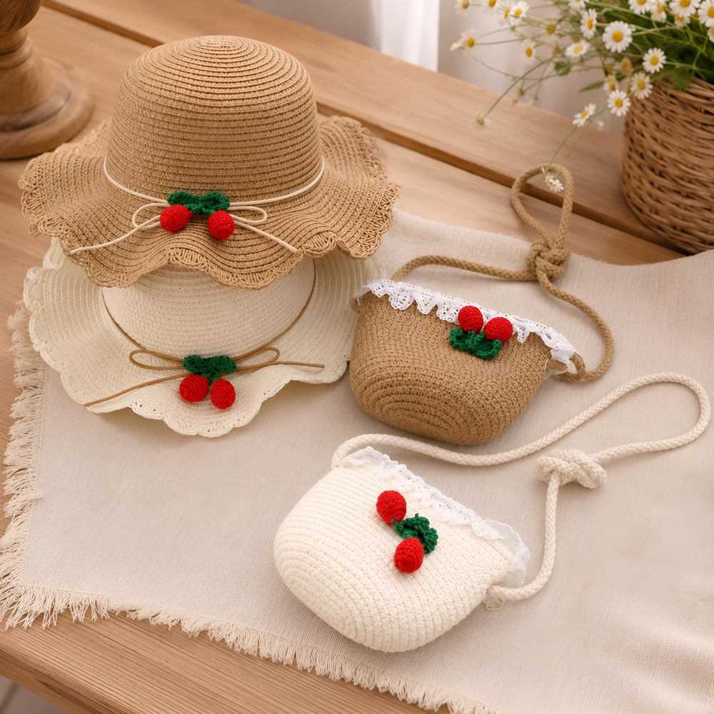 Girls Cherry Straw Hat and Bag Set, Summer Beach Sun Hat