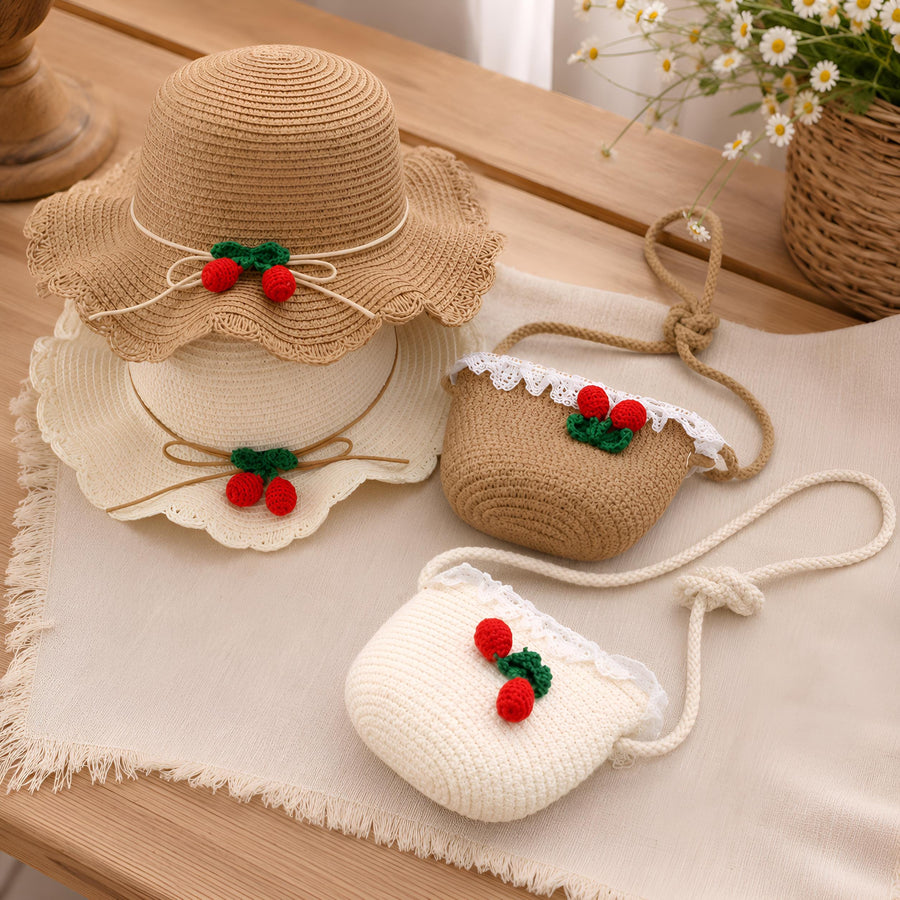Girls Cherry Straw Hat and Bag Set, Summer Beach Sun Hat, SheSelects Atelier summer style