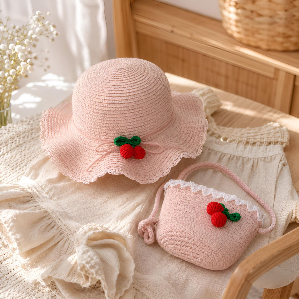 Girls Cherry Straw Hat and Bag Set, Summer Beach Sun Hat, SheSelects Atelier summer style