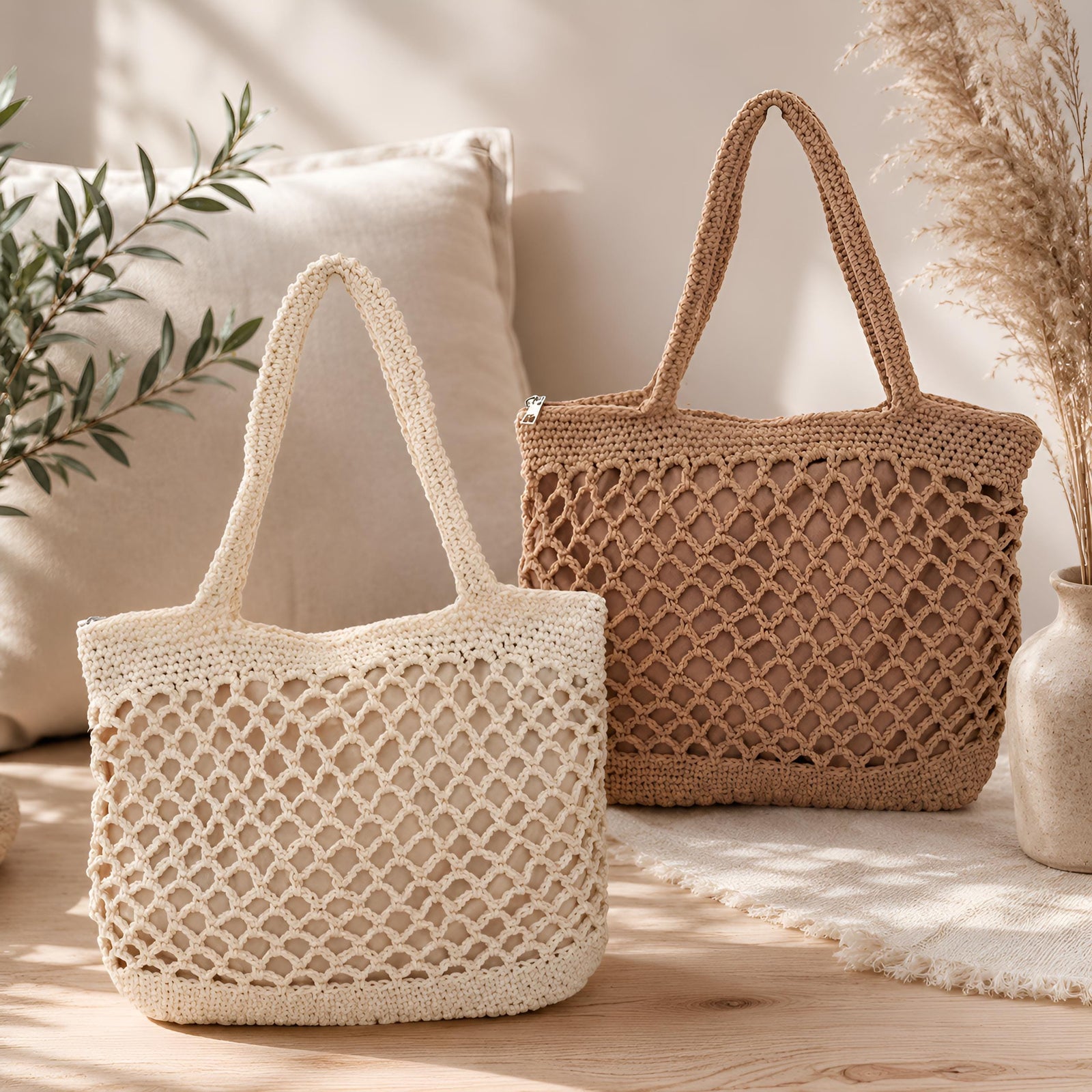 Beige Handwoven Cotton Rope Tote Bag, Soft Summer Shoulder Bag, SheSelects Atelier summer style