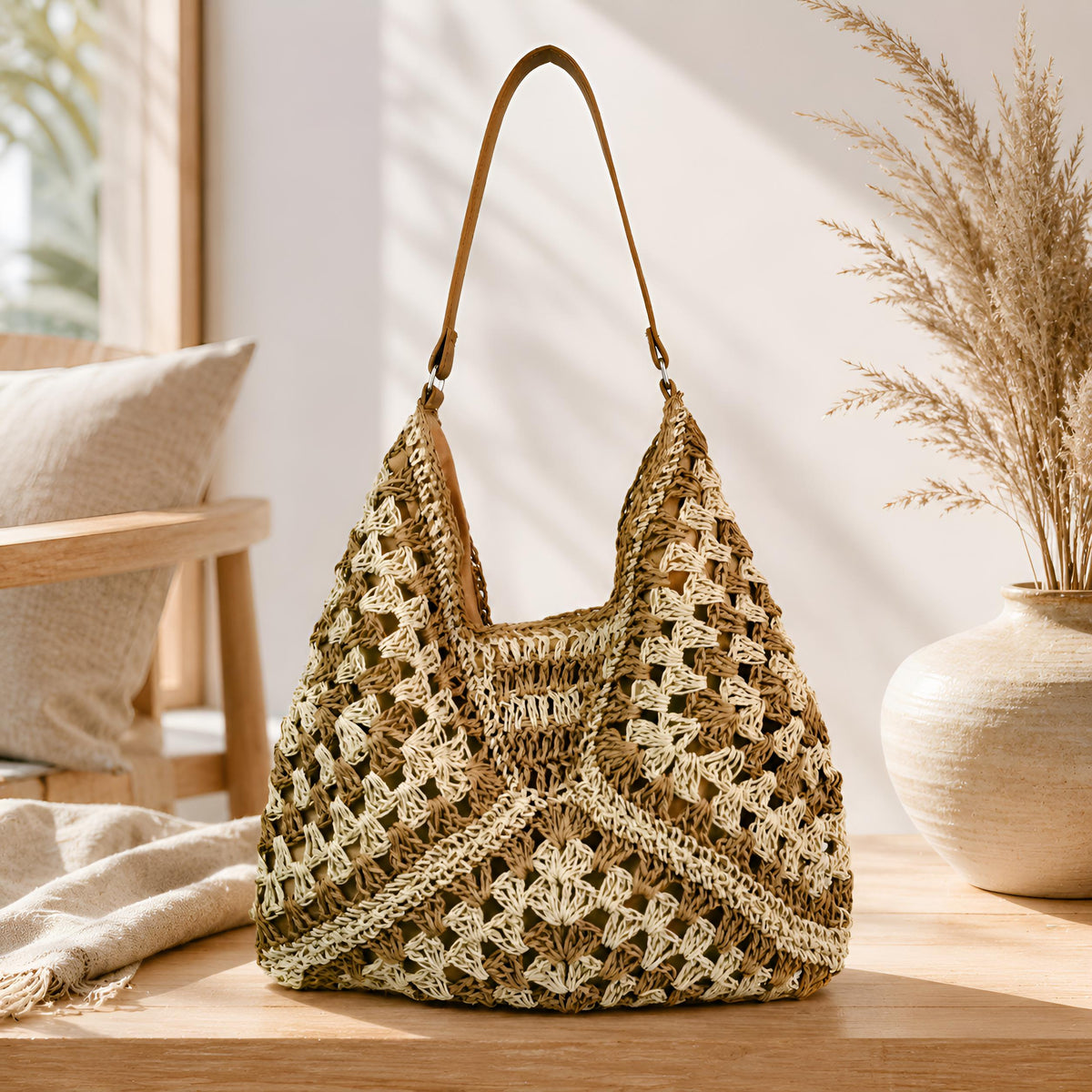 Contrast Woven Straw Bag, Handmade Style Summer Shoulder Purse, SheSelects Atelier summer style