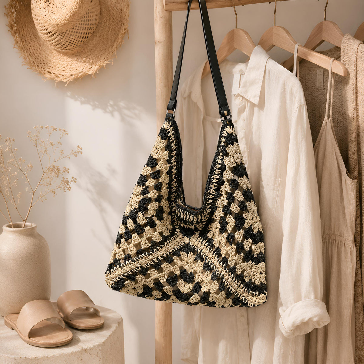 Contrast Woven Straw Bag, Handmade Style Summer Shoulder Purse, SheSelects Atelier summer style