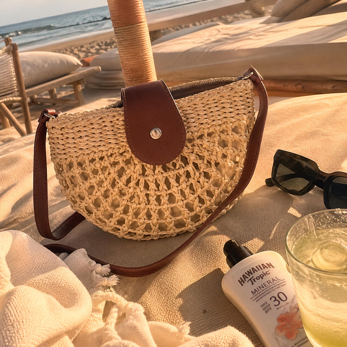 Woven Straw Crossbody Bag, Vegan Leather Flap Shoulder Purse, Summer Beach Handbag, SheSelects Atelier summer style